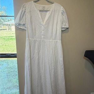 Jcrew Eyelet lace Midi Dress sz 14 Cottage core Bridal White Easter Spring Tea